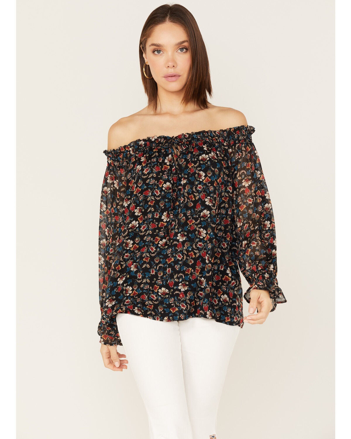 Wild Moss Women's Floral Print Off-Shoulder Top, Blue/red, hi-res