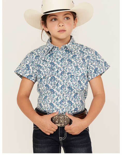 Shyanne Girls' Paisley Print Short Sleeve Western Pearl Snap Shirt, Royal Blue, hi-res