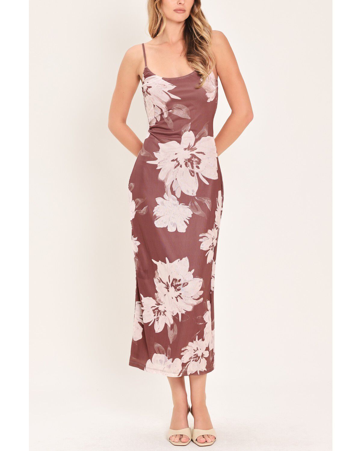 Image #2 - Flying Tomato Women's Rosewood Bloom Power Mesh Midi Dress, Burgundy, hi-res
