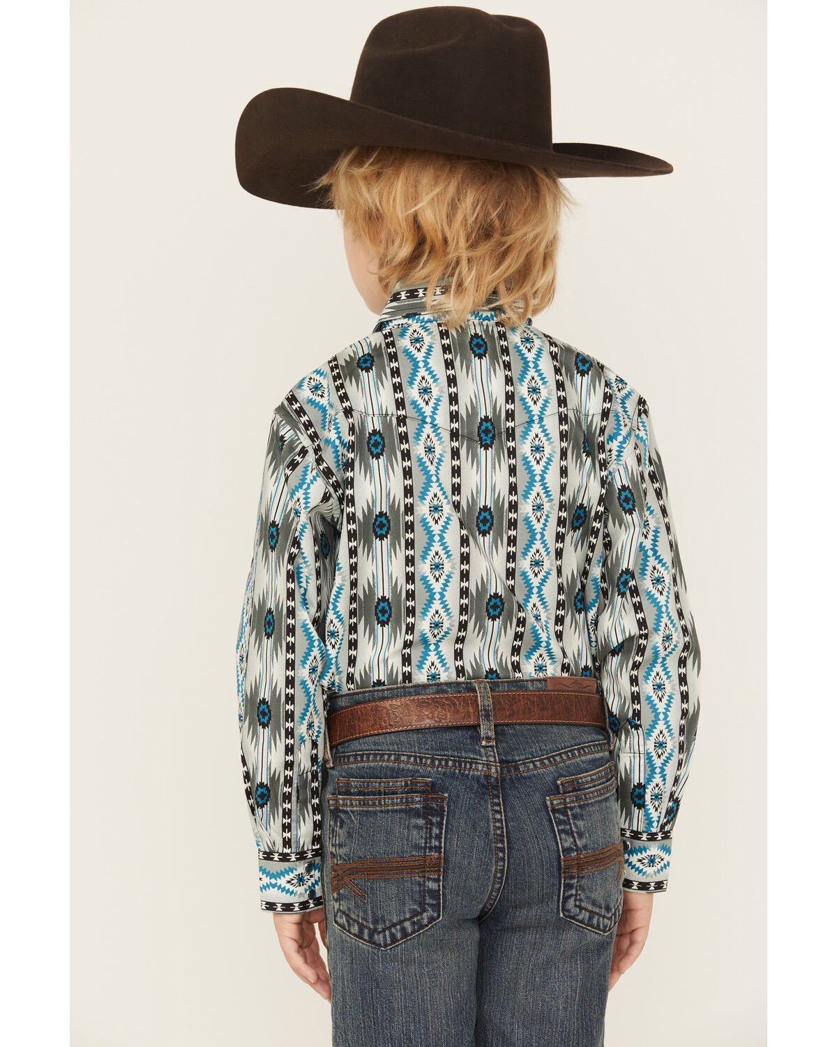 Image #4 - Wrangler Boys' Checotah Southwestern Print Long Sleeve Snap Western Shirt, Grey, hi-res
