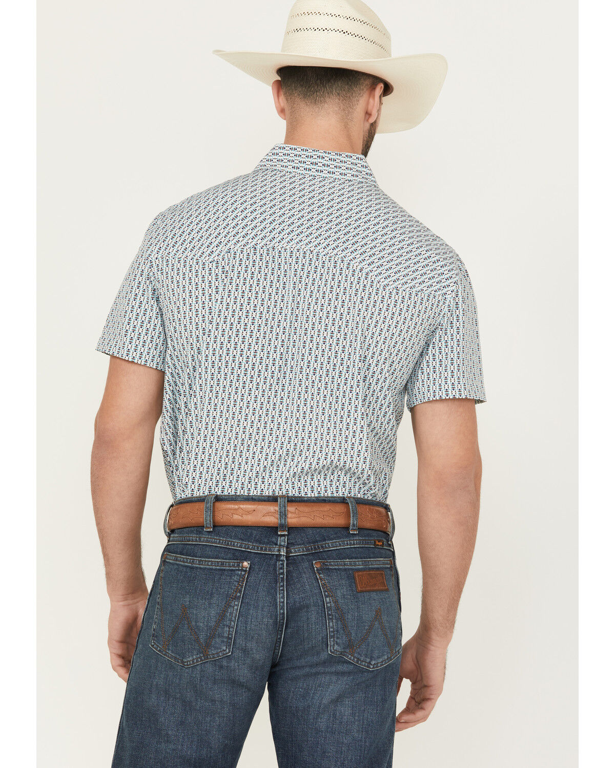 Image #4 - Panhandle Men's Geo Print Short Sleeve Snap Performance Western Shirt, Aqua, hi-res