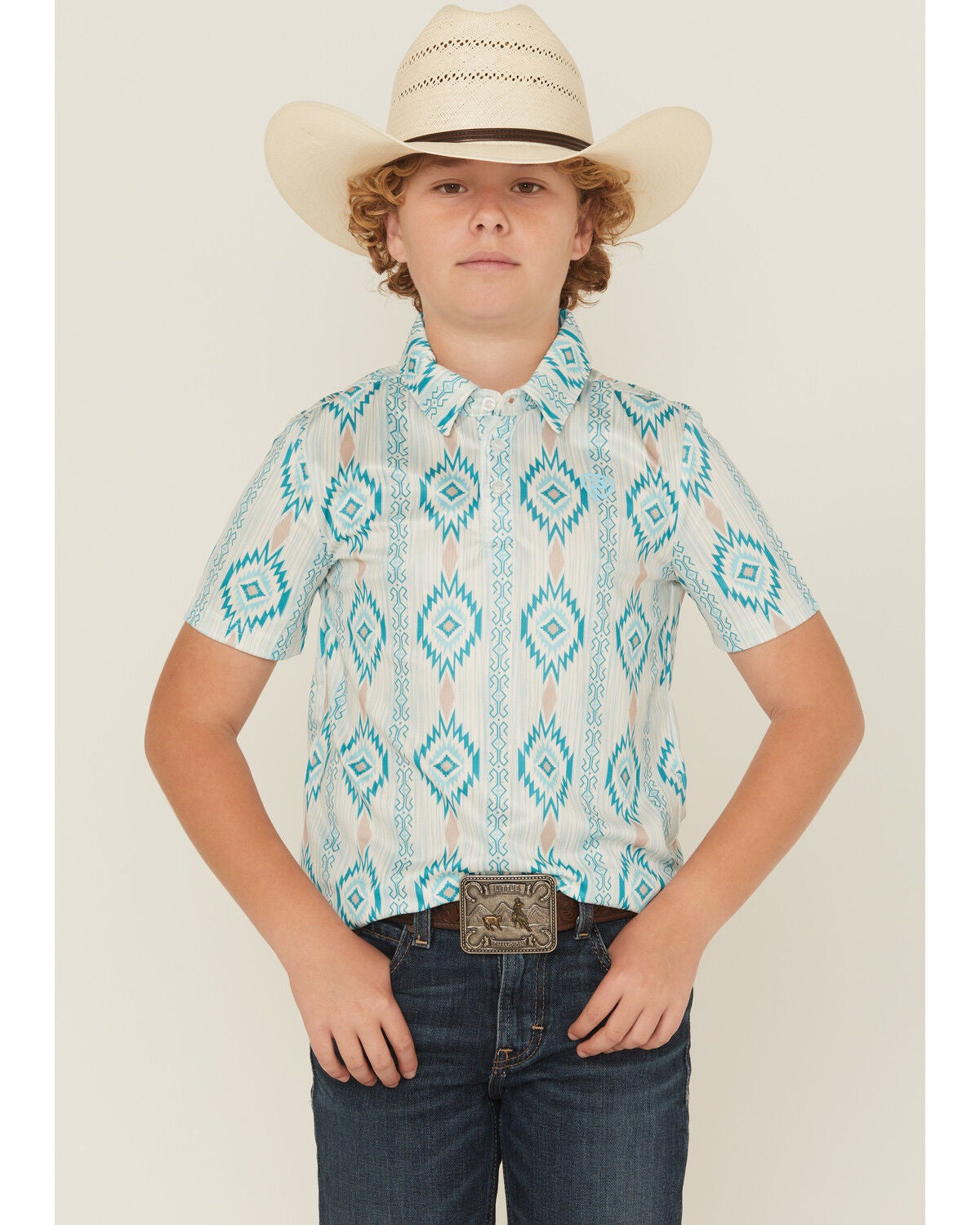 Rock & Roll Denim Boys' Southwestern Print Button-Down Polo Shirt, Navy, hi-res