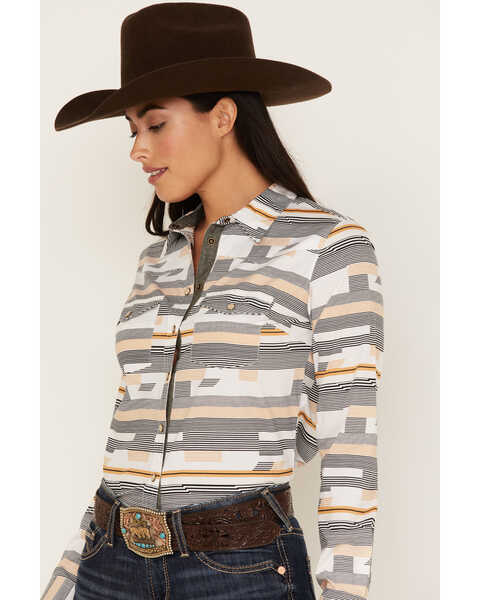 Image #2 - RANK 45® Women's Geo Stripe Print Long Sleeve Stretch Western Riding Shirt, Ivory, hi-res