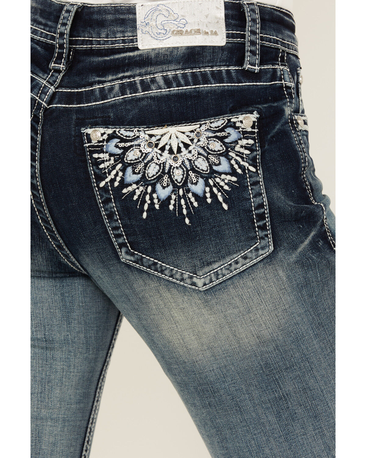 Image #2 - Grace in LA Women's Mid Rise Sequins Embroidered Pocket Bootcut Jeans, Dark Wash, hi-res