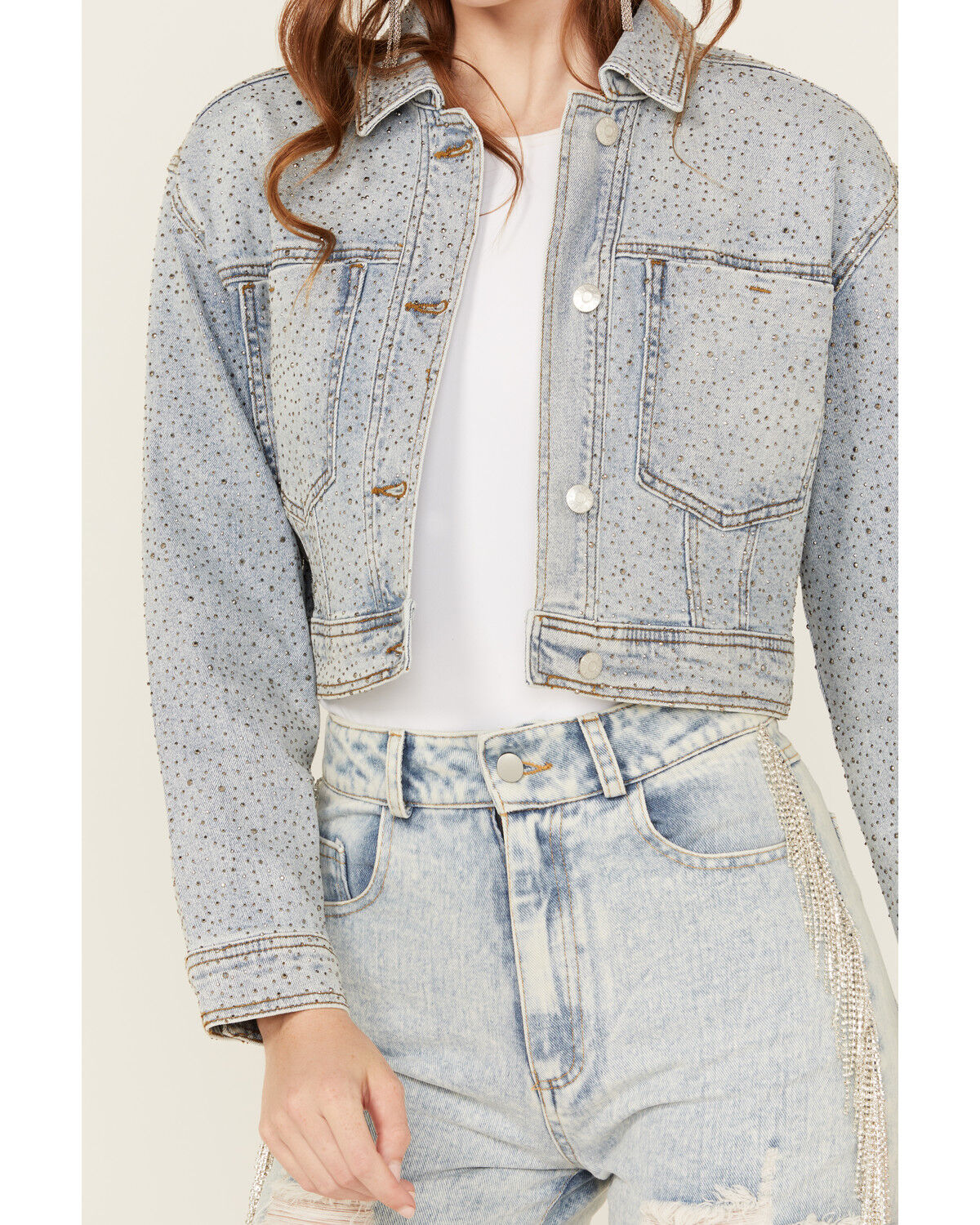Image #2 - Vibrant Denim Women's Light Wash Rhinestone Cropped Denim Trucker Jacket, Light Wash, hi-res