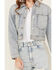 Image #2 - Vibrant Denim Women's Light Wash Rhinestone Cropped Denim Trucker Jacket, Light Wash, hi-res