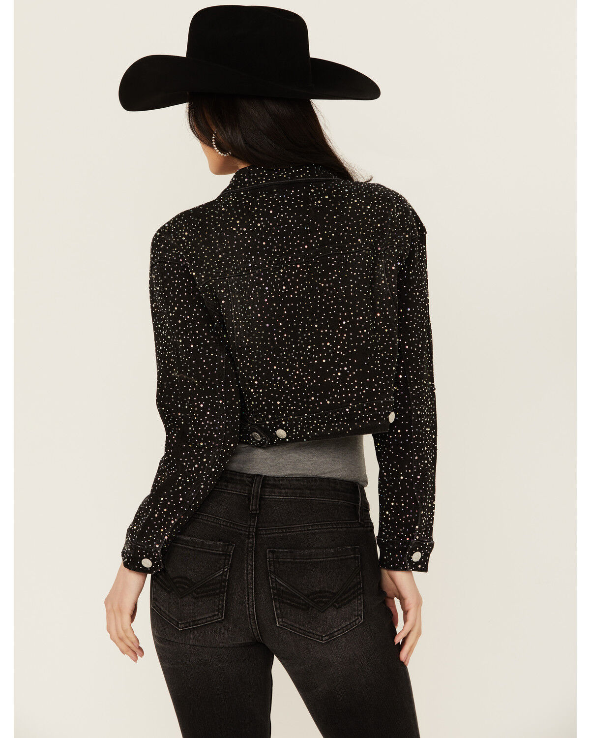 Image #4 - Vibrant Denim Women's Rhinestone Cropped Denim Jacket, Black, hi-res