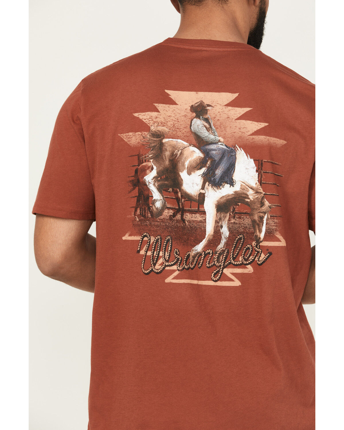 Image #4 - Wrangler Men's Boot Barn Exclusive Bucking Bronco Short Sleeve Graphic Tee, Rust Copper, hi-res