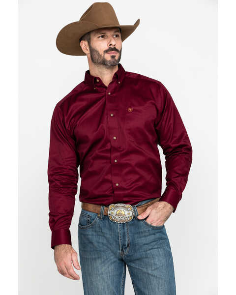 Image #2 - Ariat Men's Burgundy Solid Twill Long Sleeve Western Shirt, Burgundy, hi-res