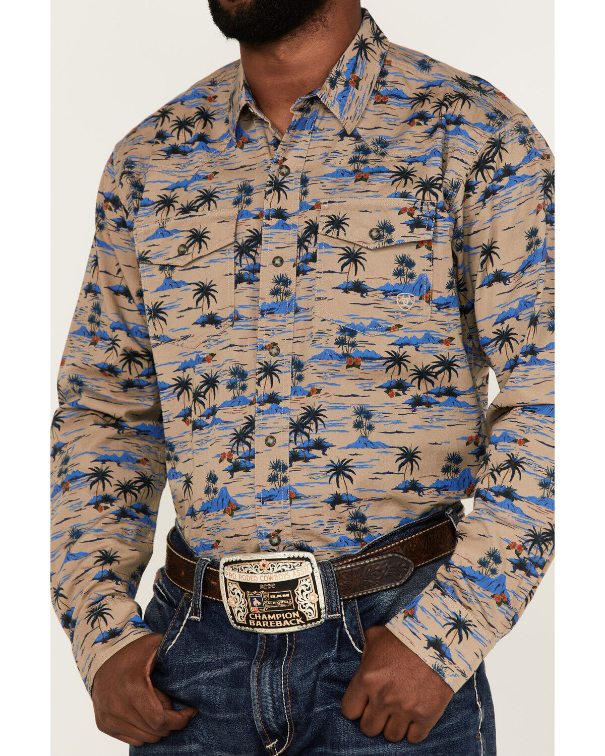 Image #3 - Ariat Men's Hart Retro Tropical Print Long Sleeve Snap Western Shirt, Tan, hi-res