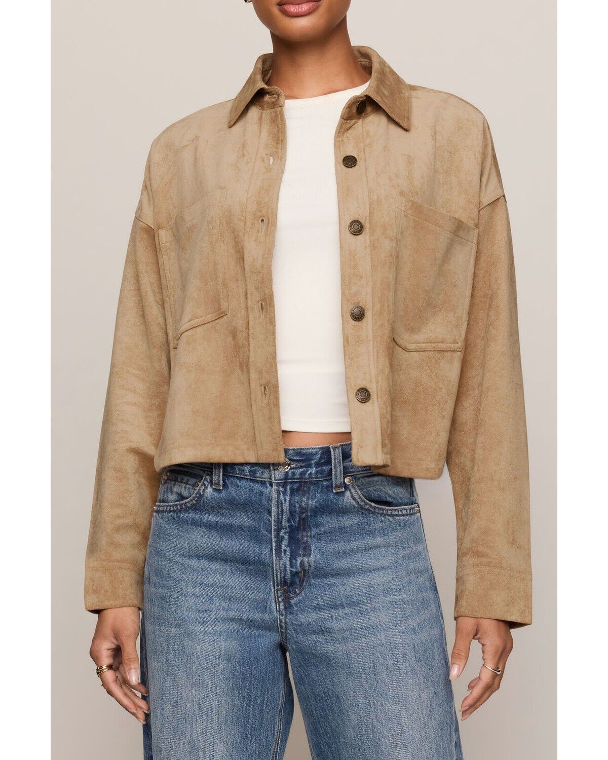 White Crow Women's Faux Suede Button-Down Cropped Shacket, Tan, hi-res