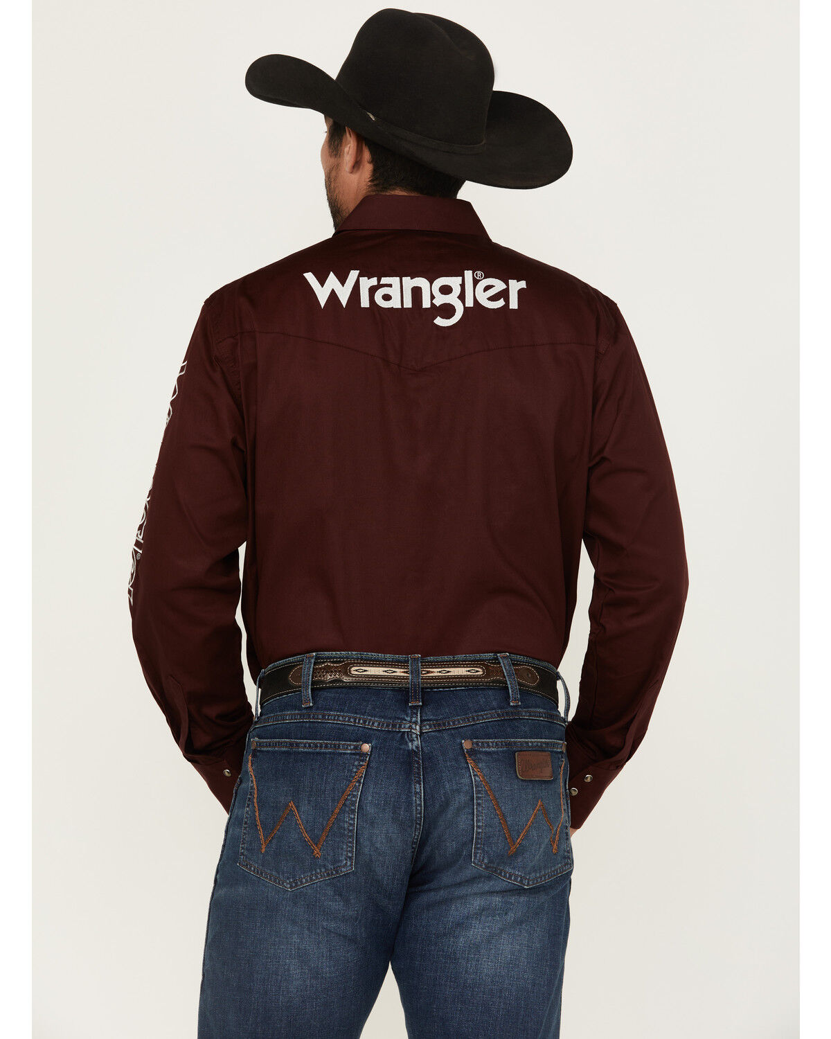 Image #4 - Wrangler Men's Logo Solid Long Sleeve Snap Western Shirt, Wine, hi-res