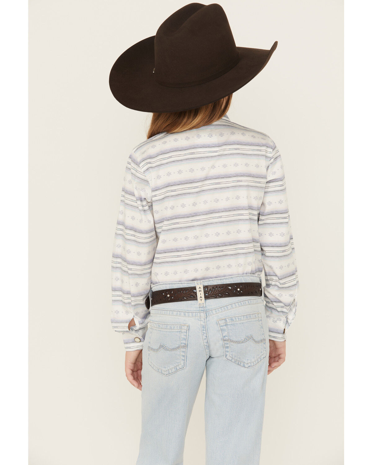 Image #4 - Ariat Girls' Geo Striped Long Sleeve Snap Western Shirt, Navy, hi-res