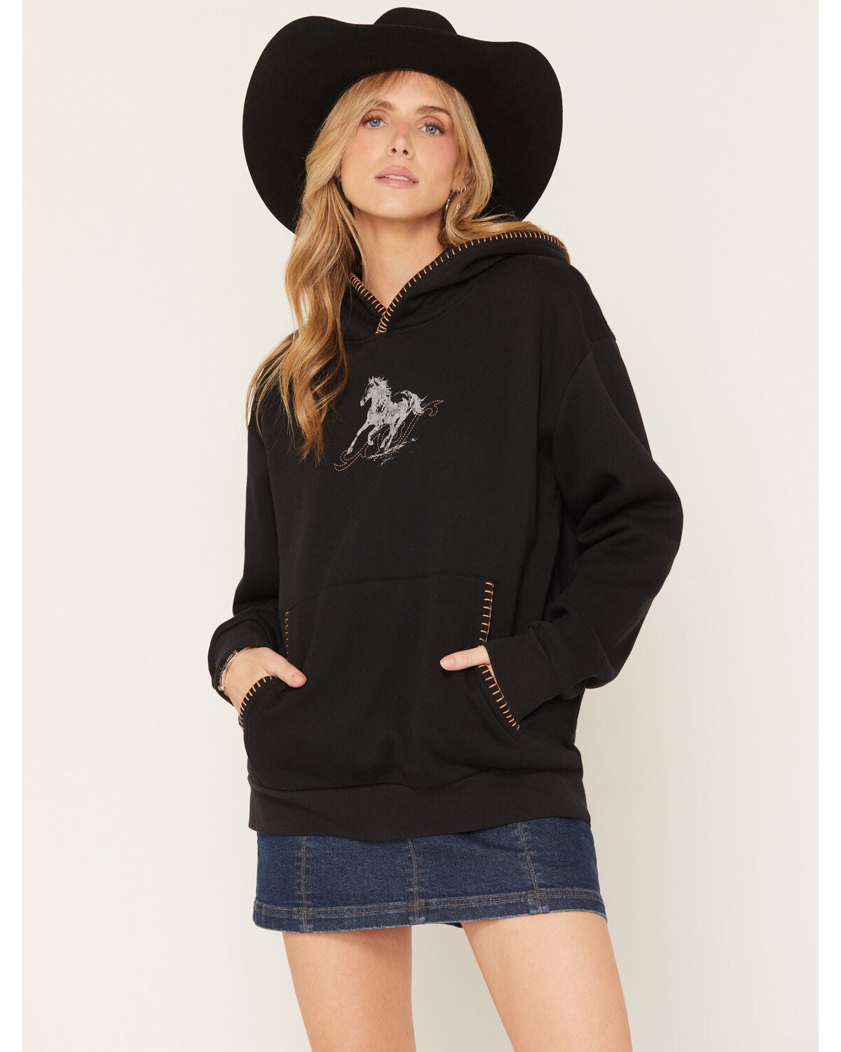 Image #2 - Cleo + Wolf Women's Whip Stitch Graphic Hoodie, Black, hi-res