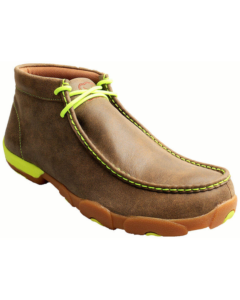 Twisted X Men's Brown and Neon Yellow Leather Driving Mocs, Bomber, hi-res