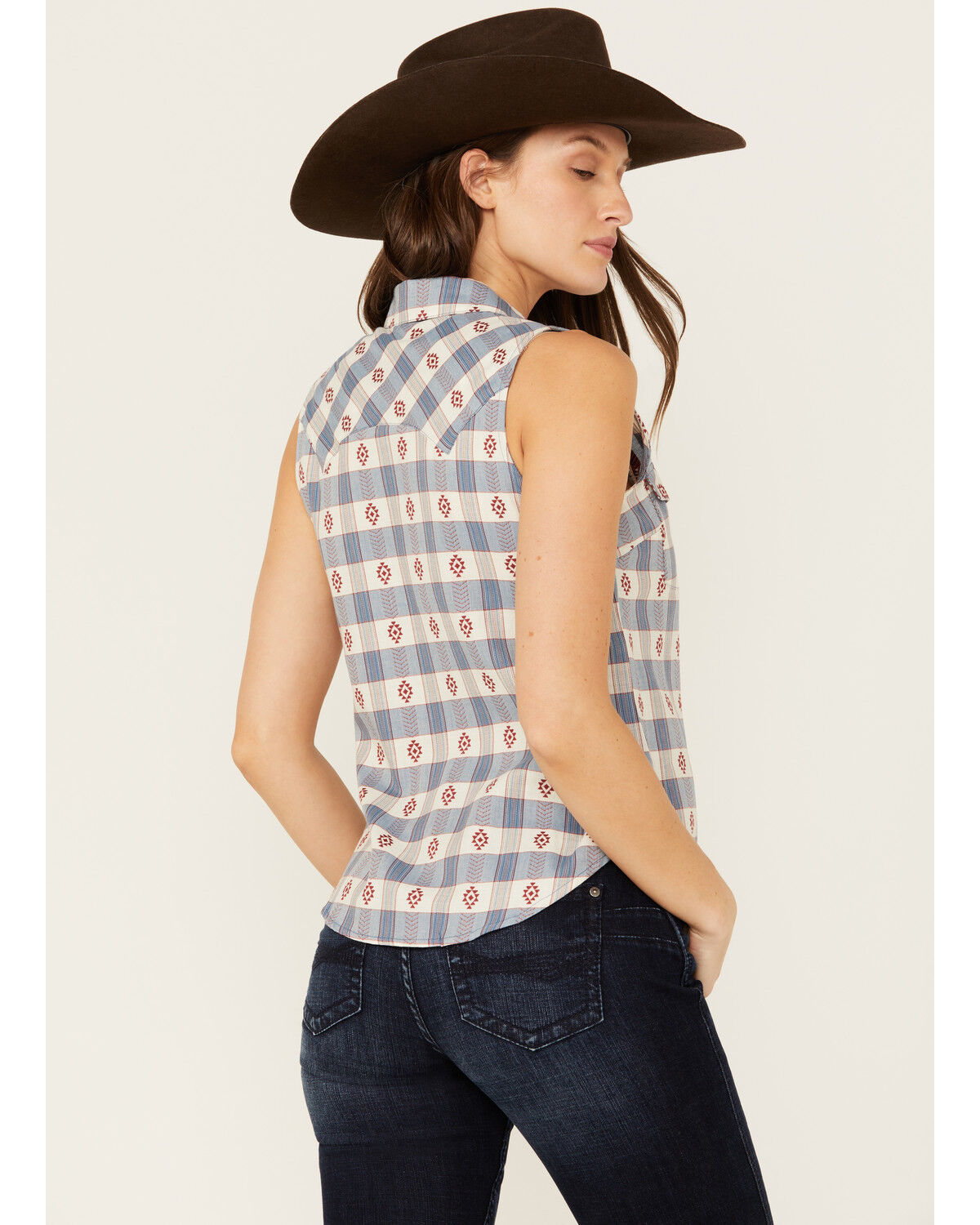 Image #4 - Shyanne Women's Casper Checkered Print Sleeveless Pearl Snap Western Shirt, Royal Blue, hi-res