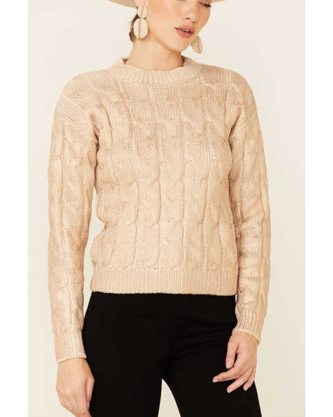 Image #3 - Rock & Roll Denim Women's Metallic Cable Knit Sweater  , Gold, hi-res