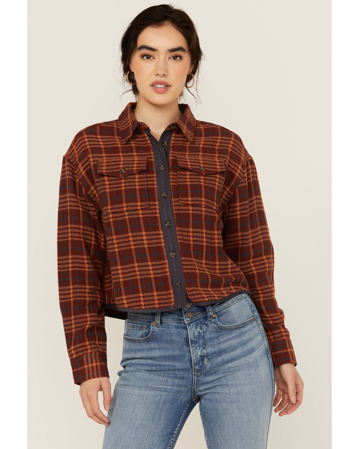 Image #1 - Cleo + Wolf Women's Chelsea Plaid Print Long Sleeve Button-Down Cropped Shirt, Brandy Brown, hi-res