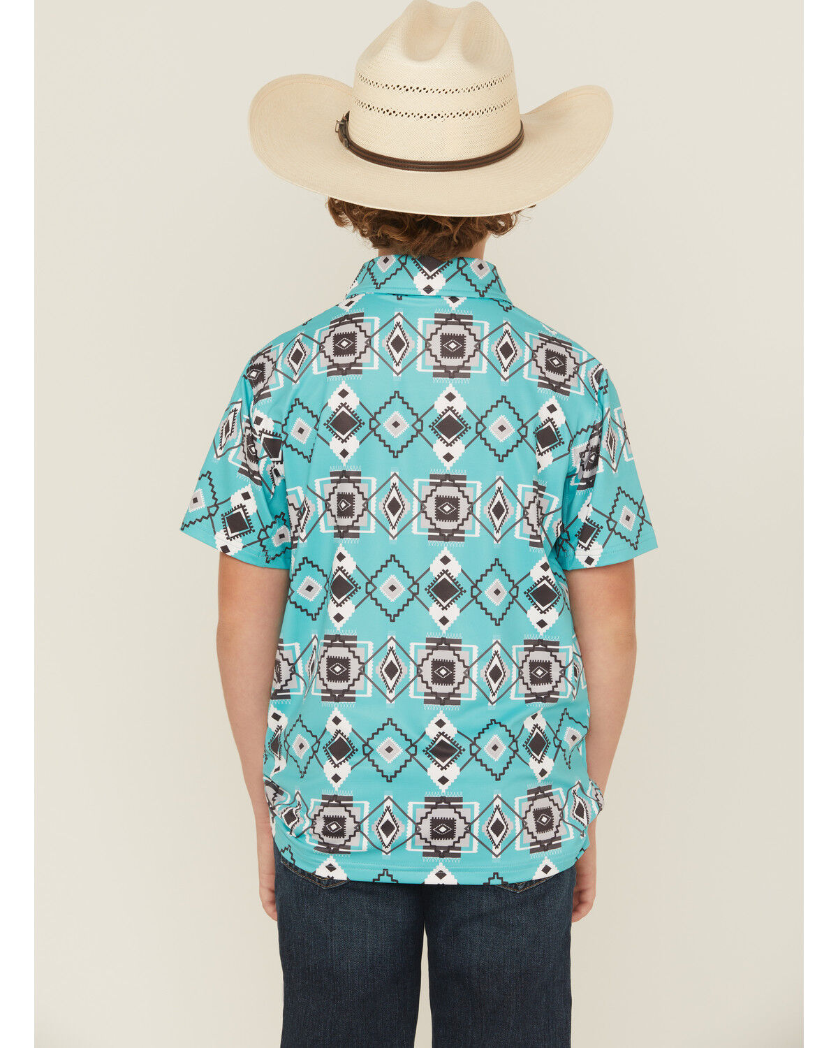 Image #4 - Hooey Boys' Southwestern Print Short Sleeve Button-Down Stretch Polo Shirt, Turquoise, hi-res