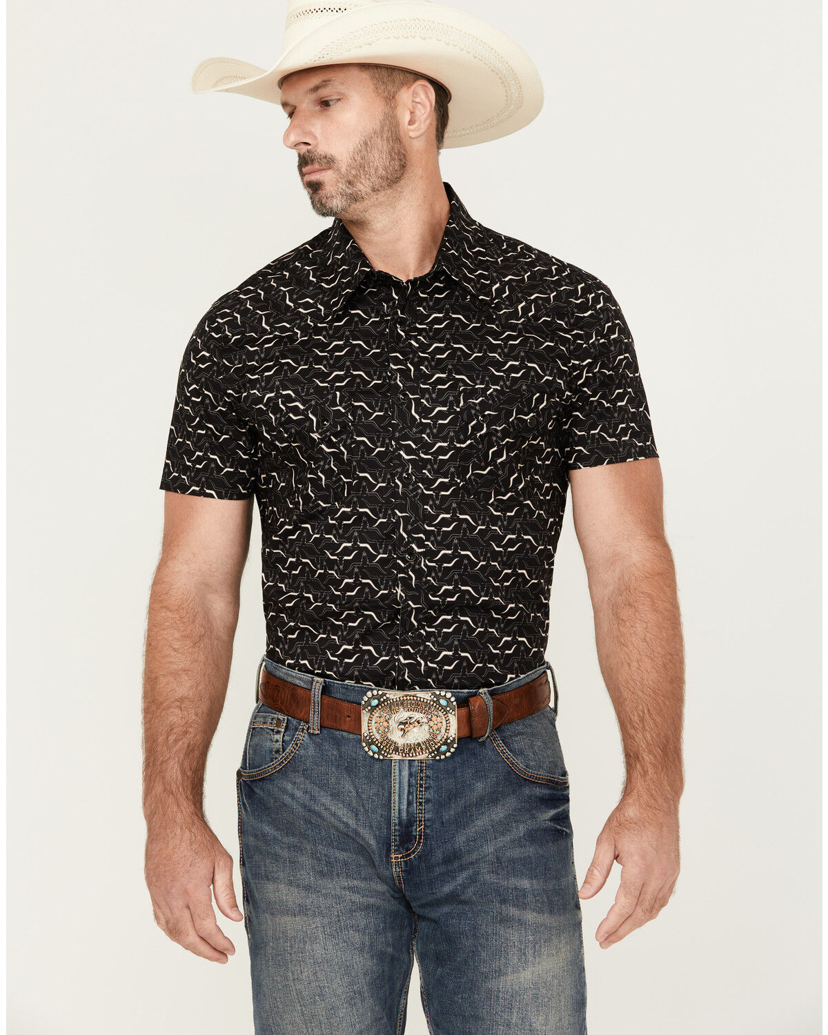 Image #1 - Rock & Roll Denim Men's Longhorn Print Short Sleeve Pearl Snap Stretch Western Shirt, Black, hi-res