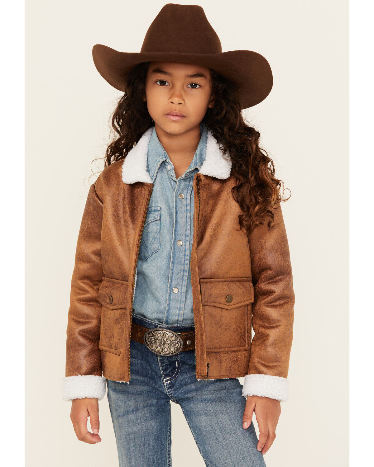 Image #1 - Shyanne Girls' Faux Shearling Cropped Jacket, Chocolate, hi-res