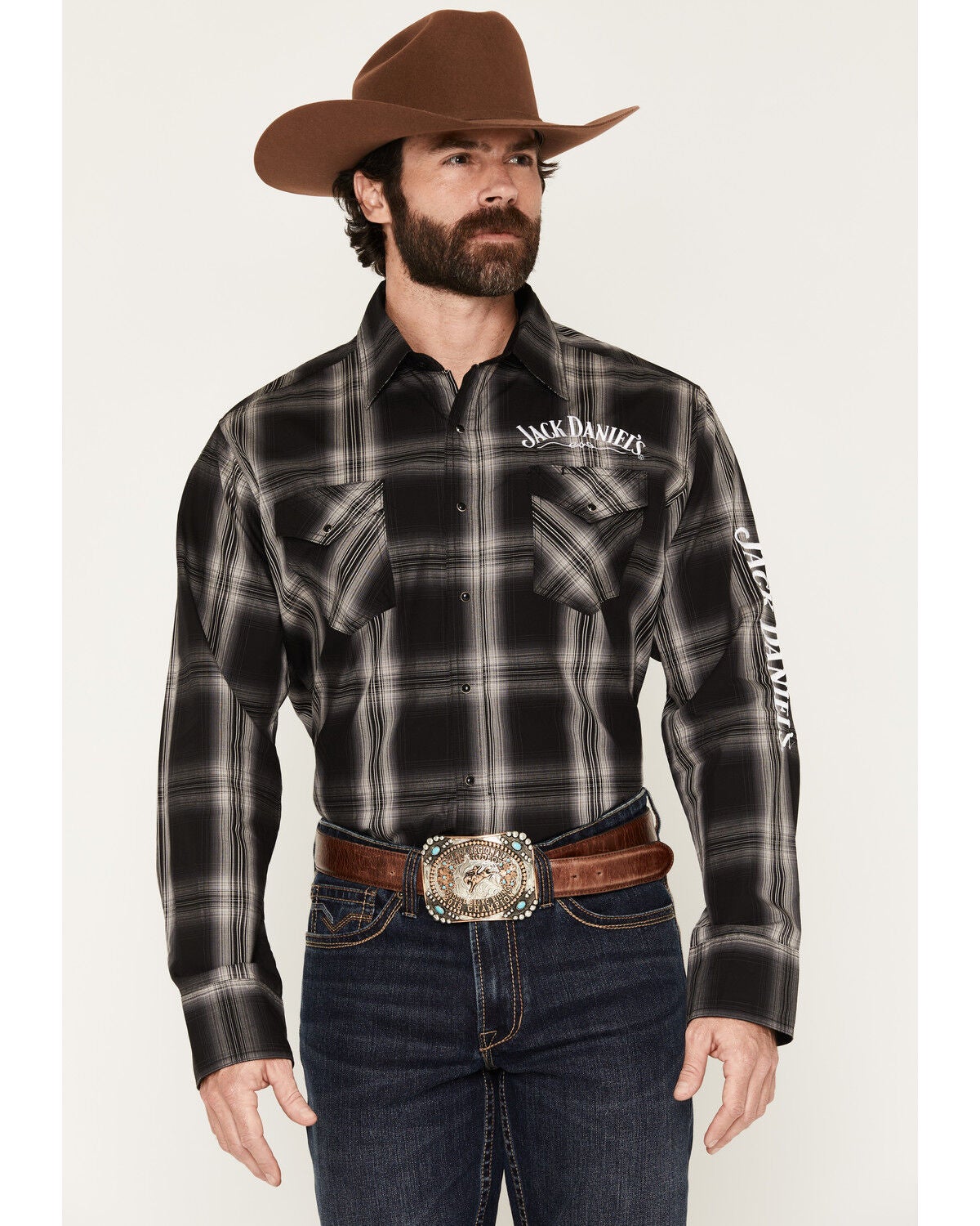 Jack Daniels Men's Plaid Print Long Sleeve Snap Western Shirt, Black, hi-res