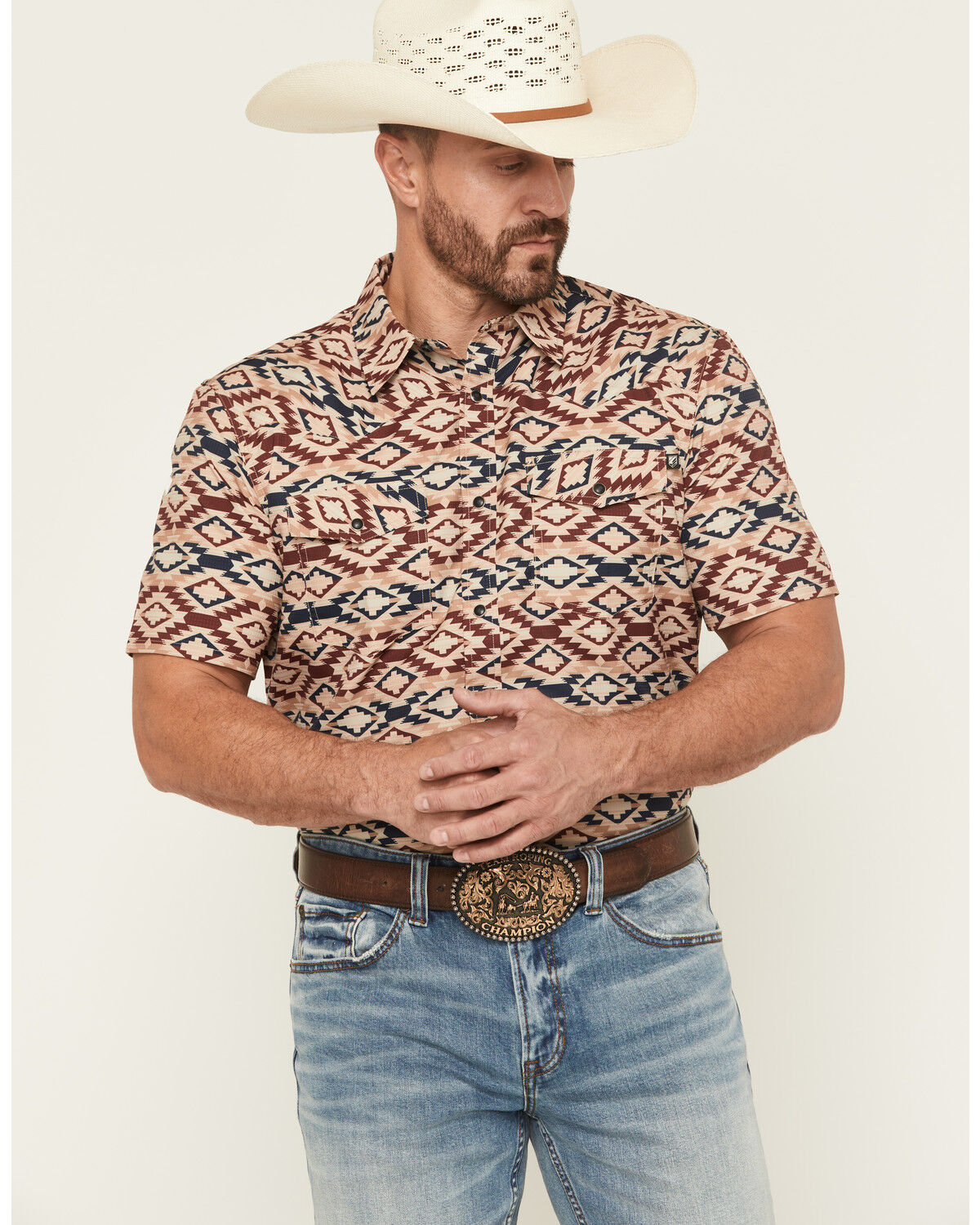 Image #1 - RANK 45® Men's Willow Creek Southwestern Print Short Sleeve Snap Performance Western Shirt, Tan, hi-res