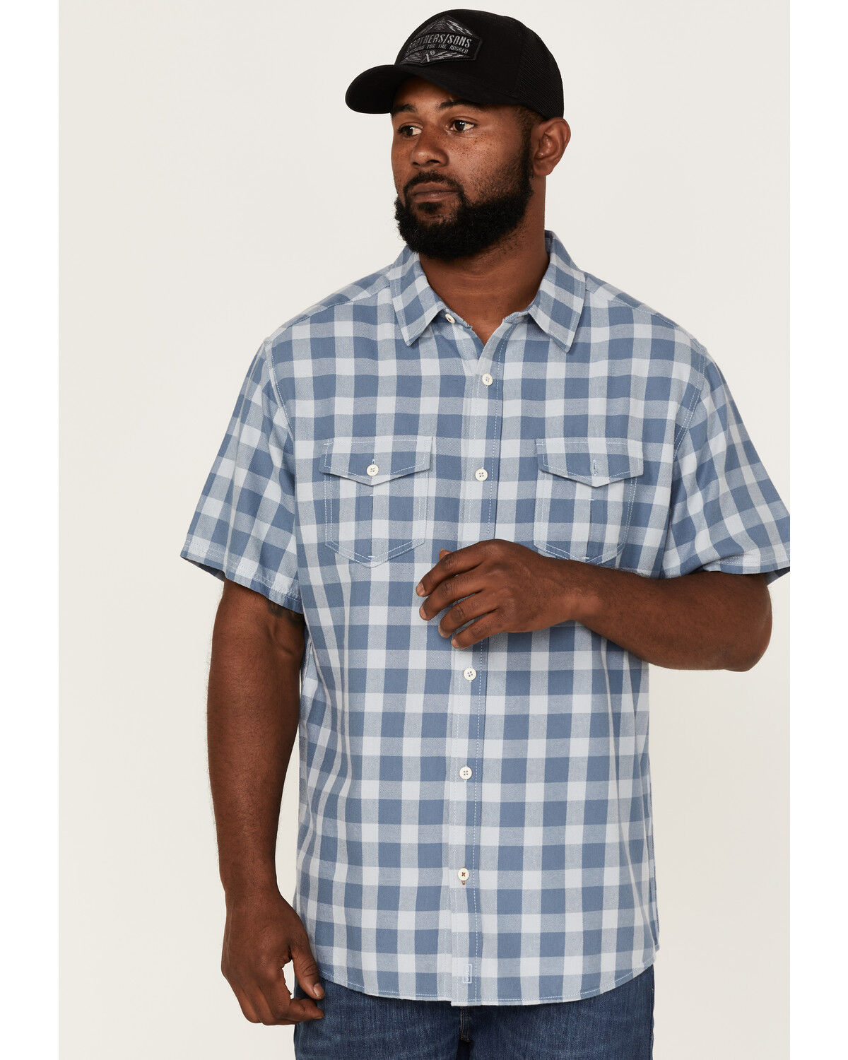 Image #1 - Brothers and Sons Men's Buffalo Check Plaid Short Sleeve Button Down Western Shirt, Indigo, hi-res