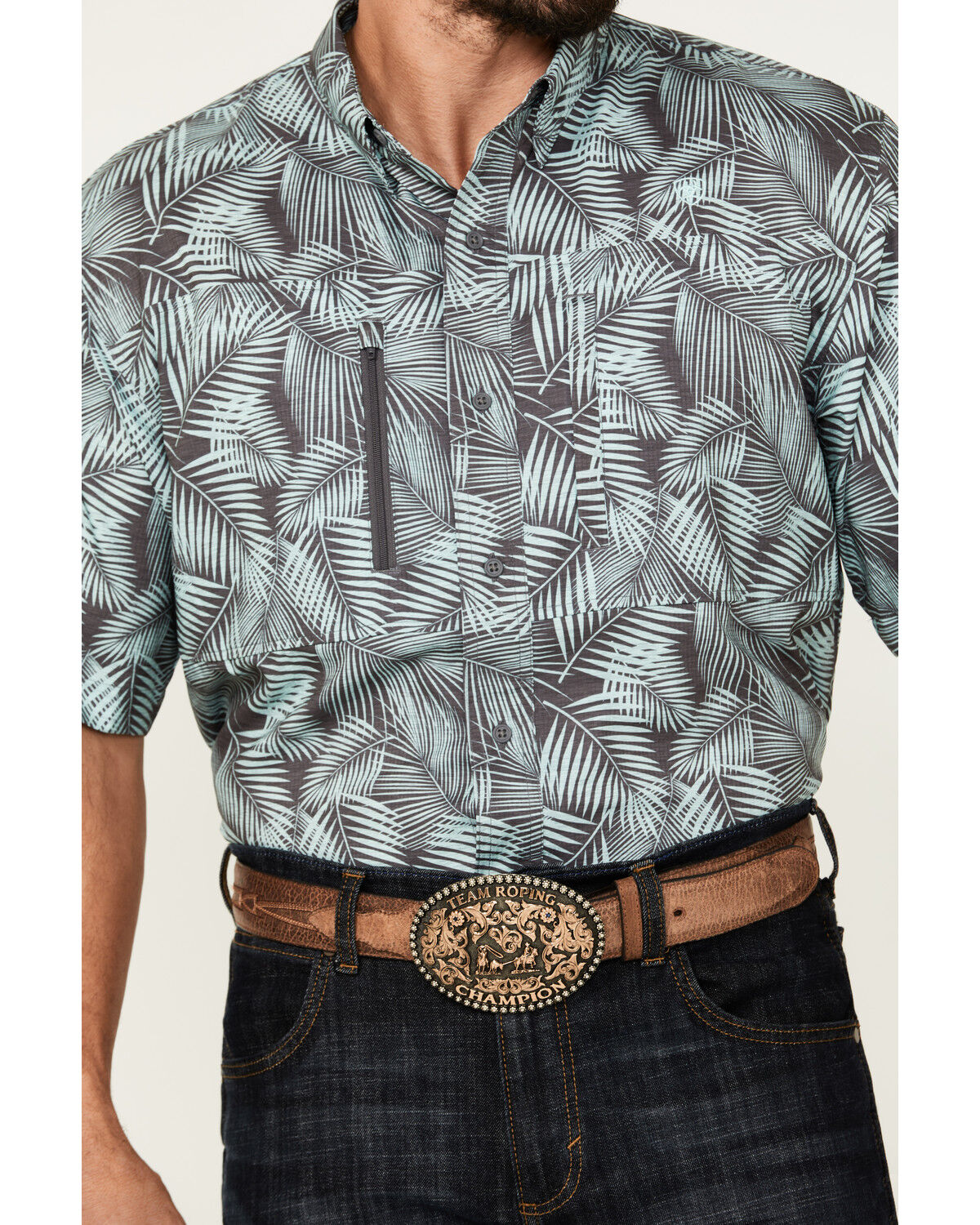Image #3 - Ariat Men's VentTEK Classic Fit Palm Leaf Short Sleeve Performance Shirt, Mint, hi-res