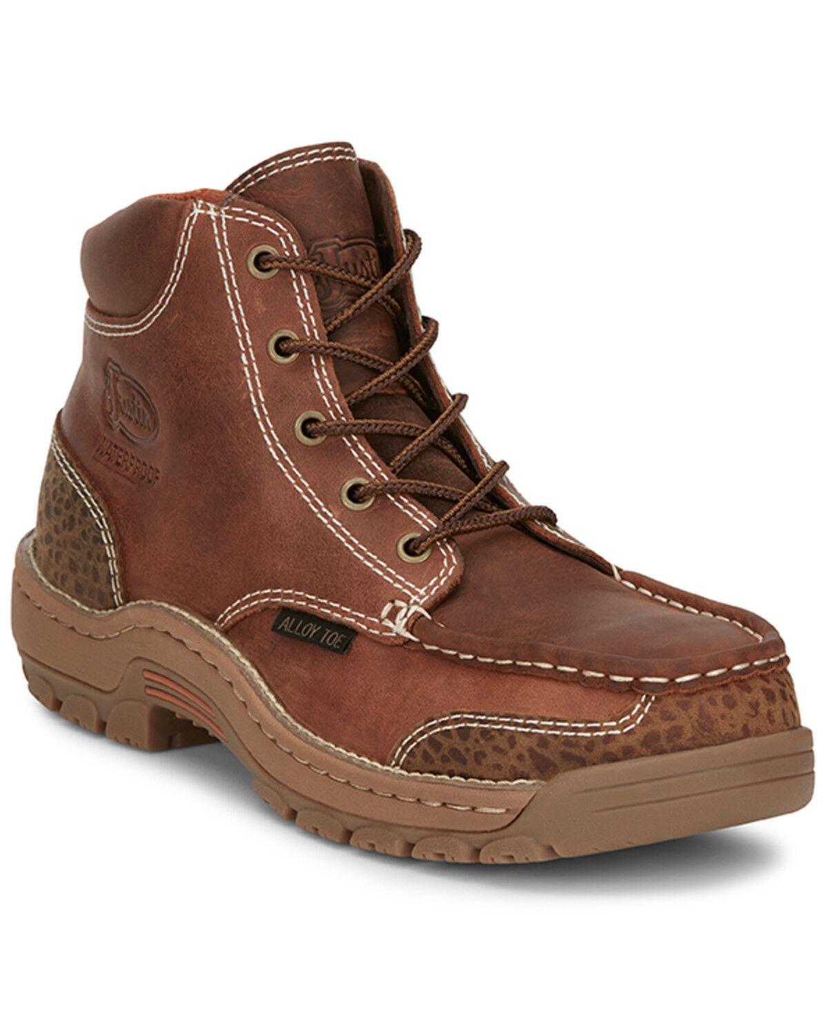 Image #1 - Justin Men's 5" Corbett Lace-Up Moc Waterproof Work Boots - Alloy Toe, Brown, hi-res