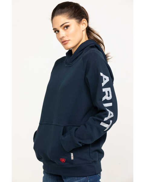 Ariat Women's Navy FR Primo Fleece Logo Hooded Sweatshirt , Navy, hi-res
