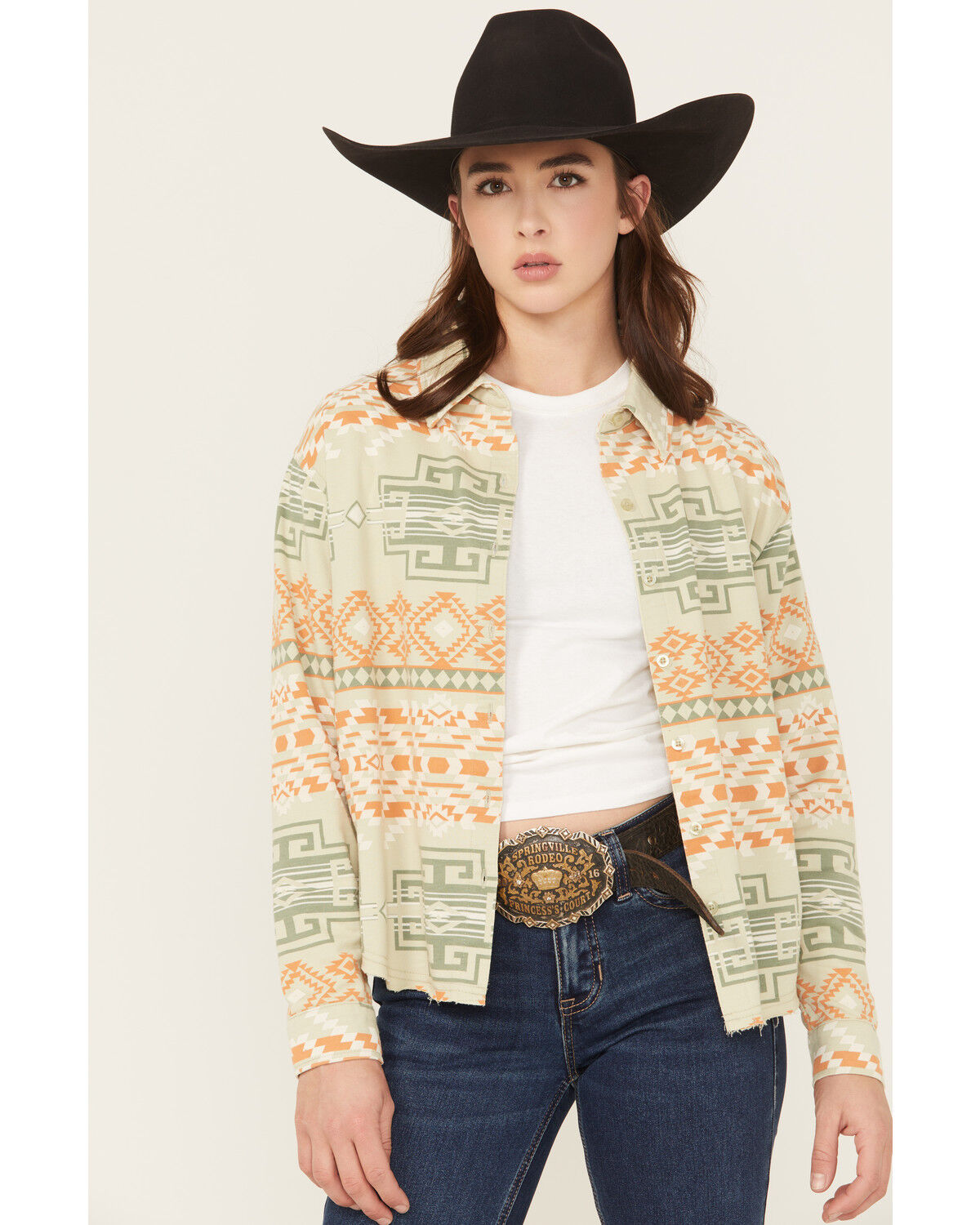 Image #1 - Rock & Roll Denim Women's Southwestern Print Long Sleeve Button-Down Western Shirt, Green, hi-res