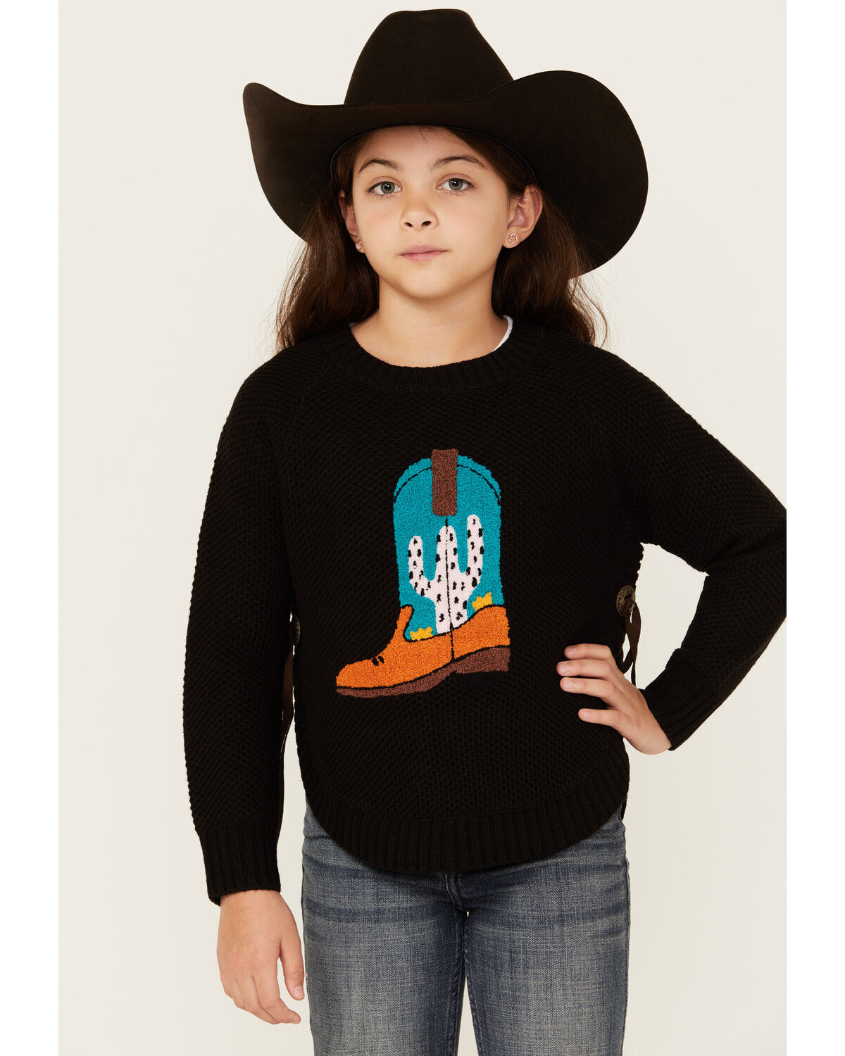 Image #1 - Cotton & Rye Girls' Boot Applique Round Bottom Sweater, Black, hi-res