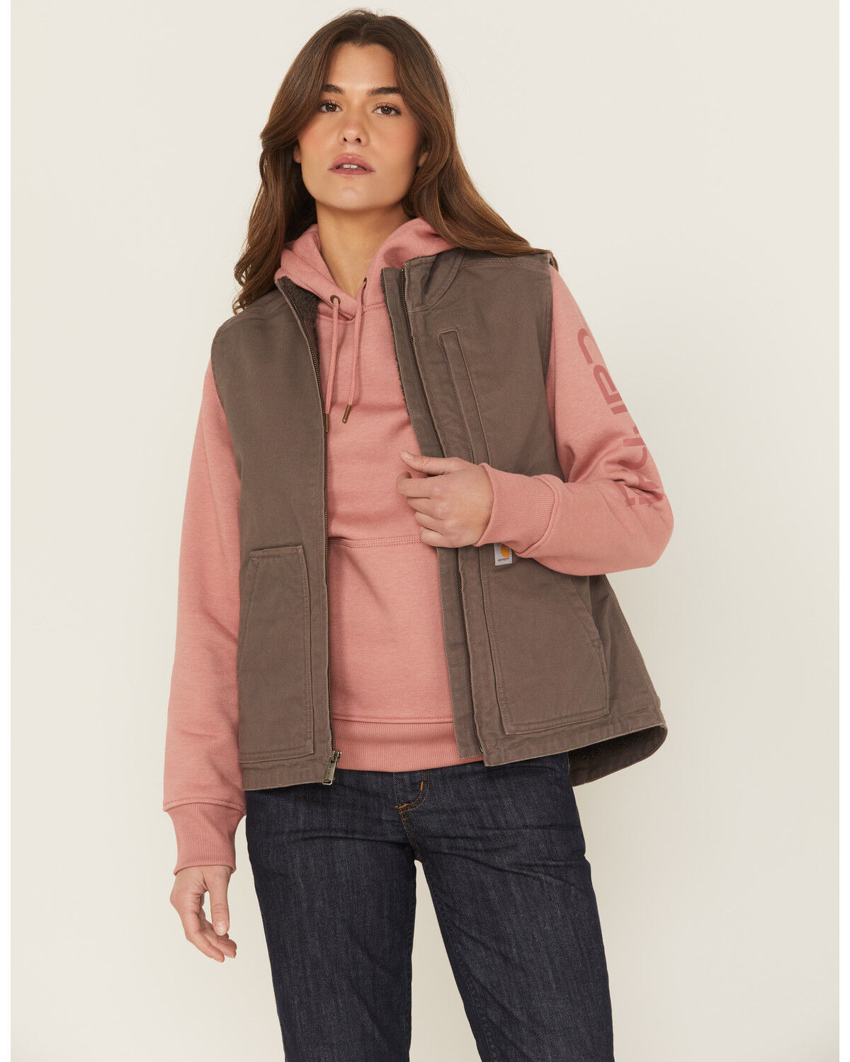 Image #1 - Carhartt Women's Taupe Washed Duck Sherpa Lined Vest, Taupe, hi-res