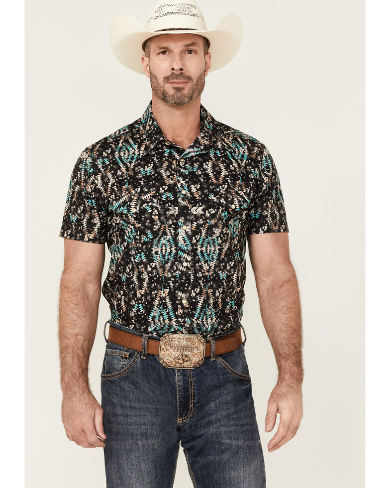 Rock & Roll Denim Men's Southwestern Print Short Sleeve Snap Brown & Teal Western Shirt , Brown, hi-res