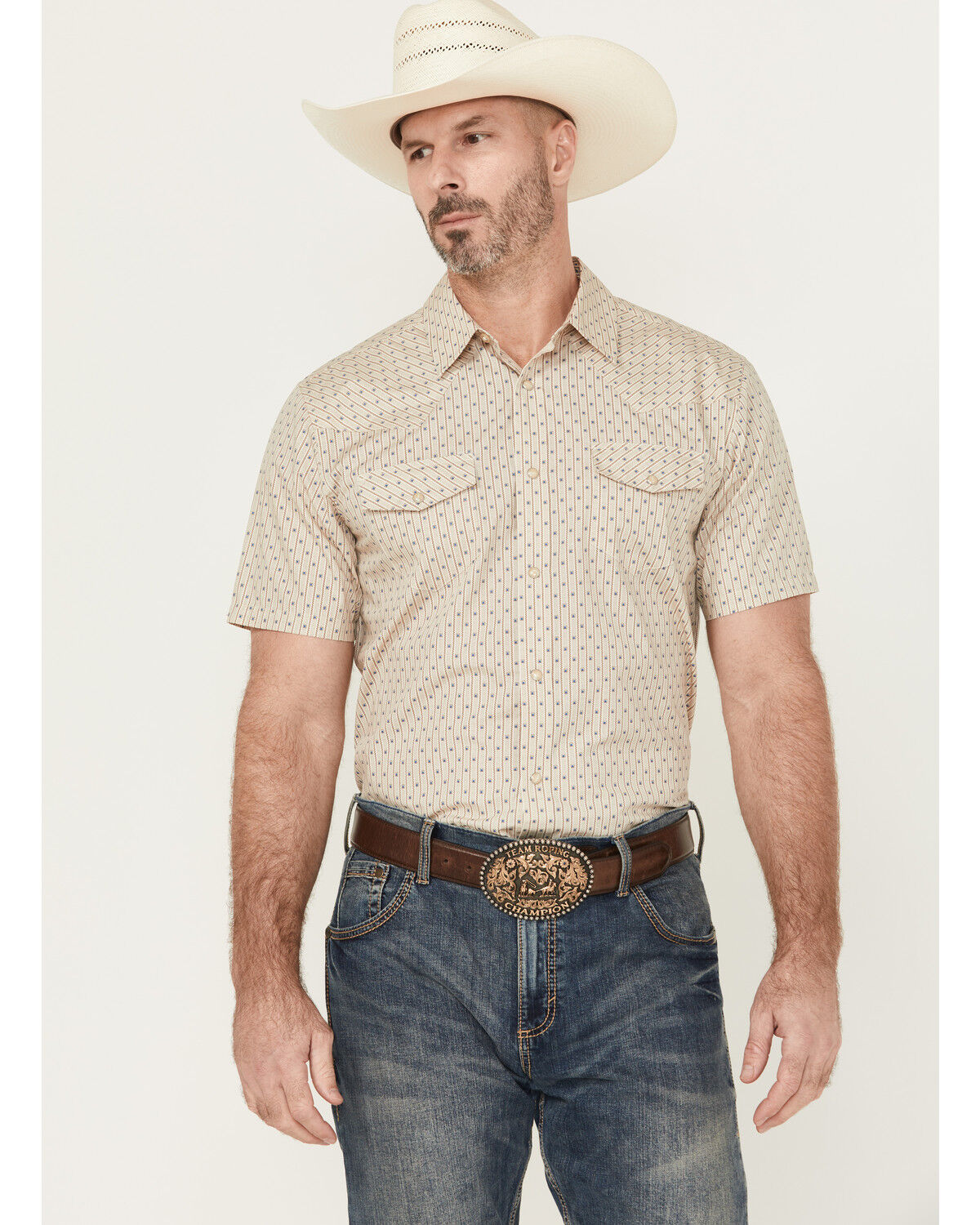 Image #1 - Gibson Trading Co Men's Square Knot Geo Striped Short Sleeve Snap Western Shirt, Cream, hi-res