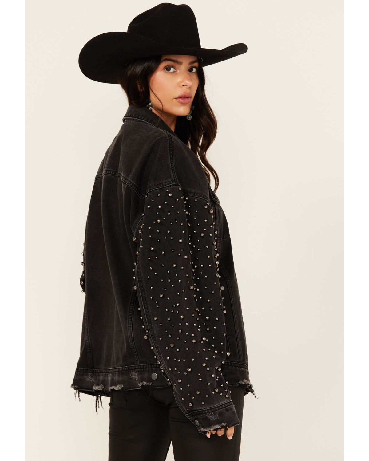 Image #4 - Rock & Roll Denim Women's Distressed Pearl Studded Sleeve Denim Jacket, Black, hi-res