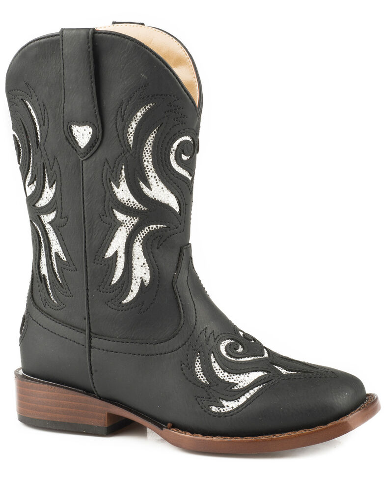 Roper Girls' Black Glitter Breeze Cowgirl Boots - Square Toe, Black, hi-res