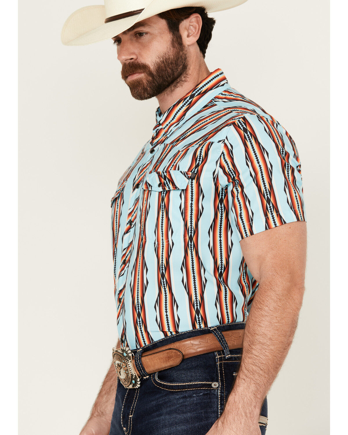 Image #2 - Rock & Roll Denim Men's Tek Southwestern Striped Short Sleeve Snap Western Shirt, Turquoise, hi-res