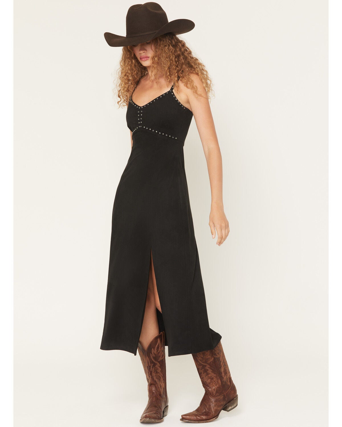 Idyllwind Women's Gina Studded Faux Suede Sleeveless Midi Dress, Black, hi-res