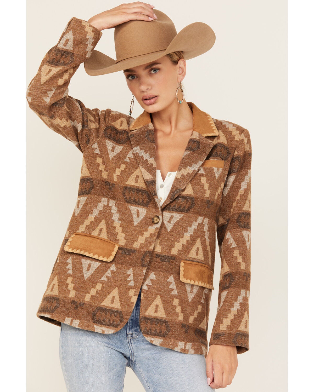 Miss Me Women's Southwestern Print Button-Down Blazer, Brown, hi-res