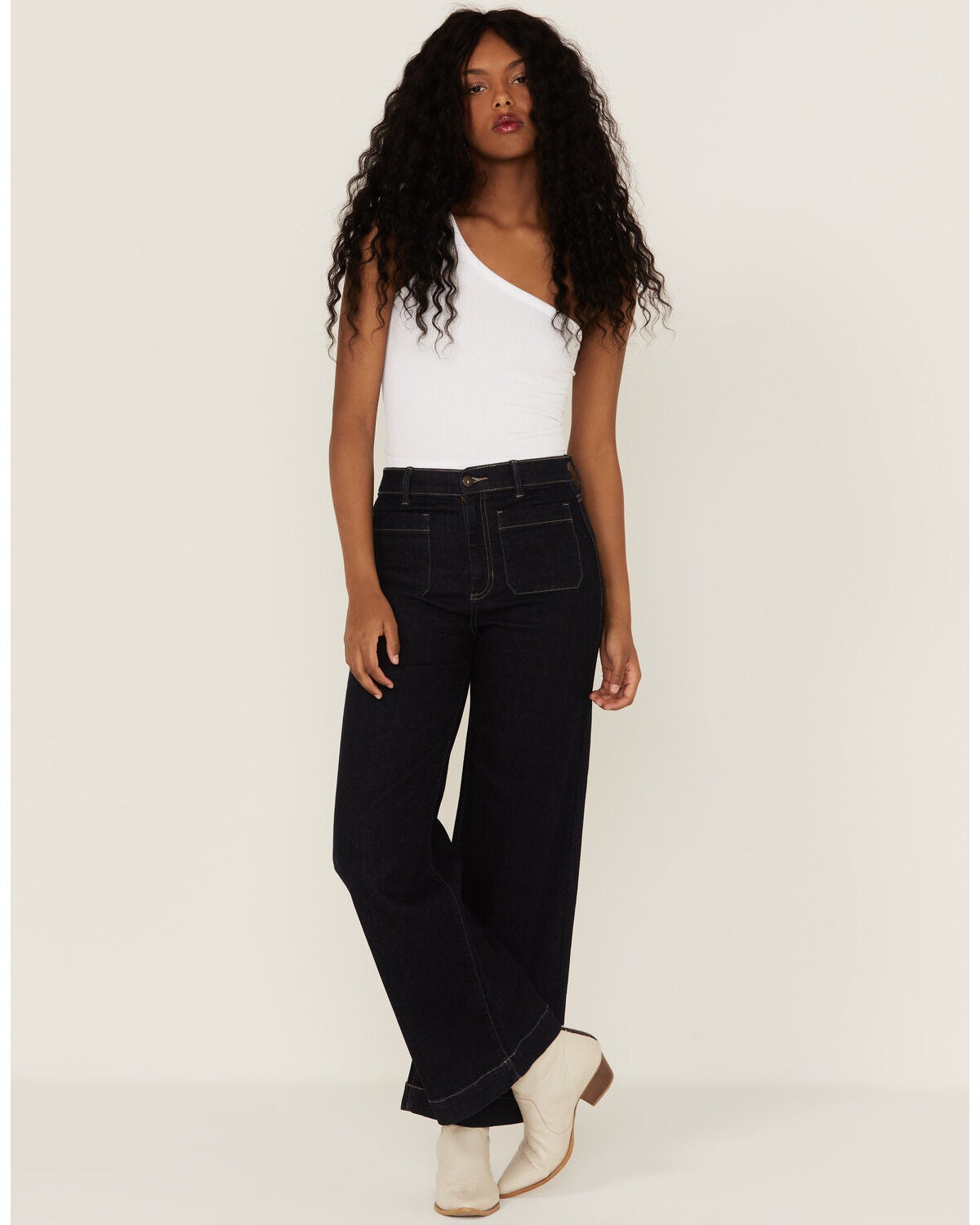 Sneak Peek Women's Front Patch Pockets Straight Jeans, Dark Blue, hi-res