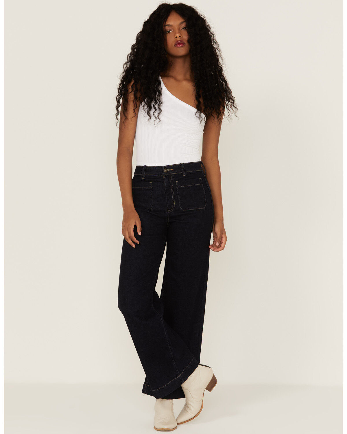 Image #1 - Sneak Peek Women's Front Patch Pockets Straight Jeans, Dark Blue, hi-res