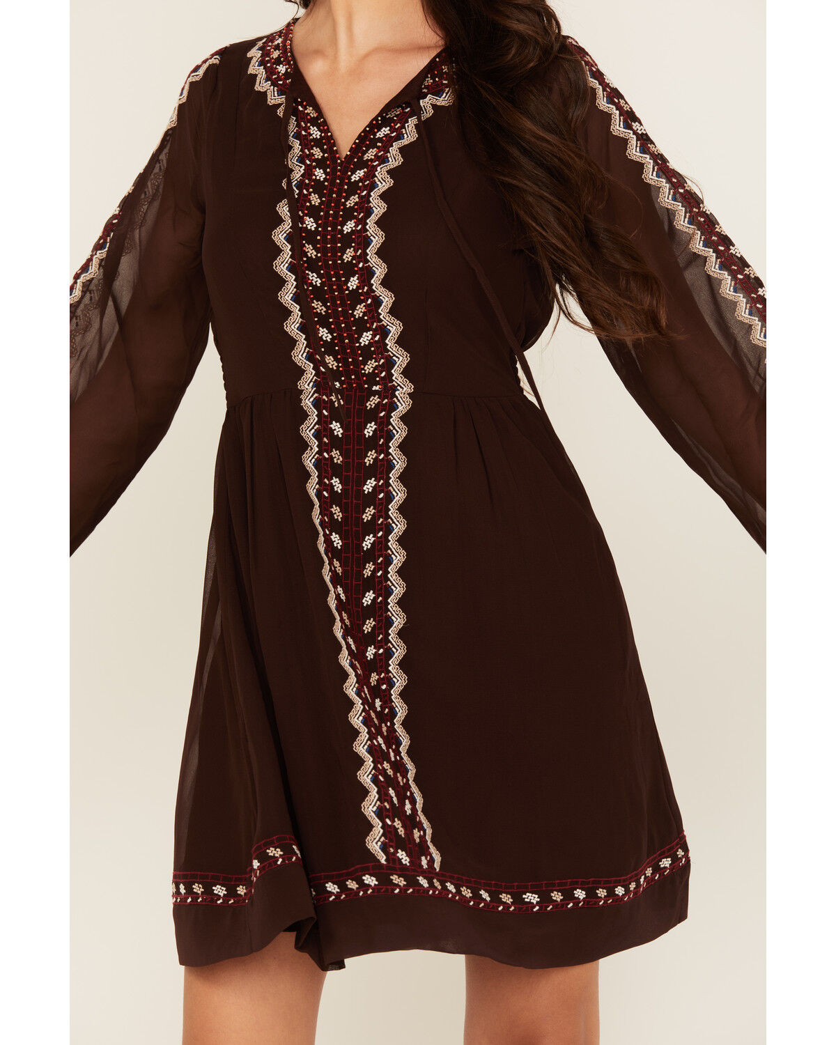 Image #3 - Shyanne Women's Georgette Embroidered Long Sleeve Mini Dress, Chocolate, hi-res