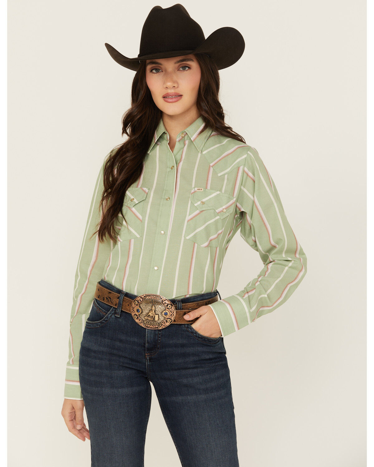 Image #2 - Cowboygirl by Jenna Paulette Women's Striped Long Sleeve Pearl Snap Western Shirt, Green, hi-res