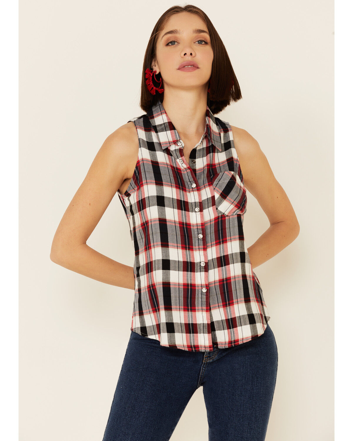 Sleeveless plaid shirt womens Clearance
