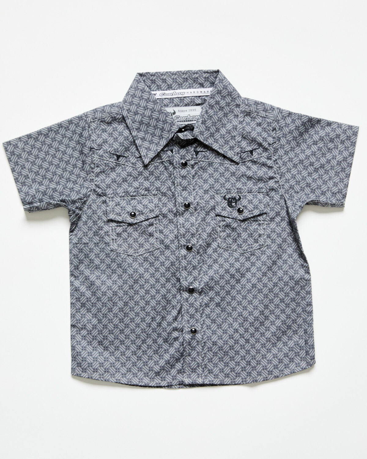 Image #1 - Cowboy Hardware Toddler Boys' Geo Print Short Sleeve Snap Stretch Western Shirt, Grey, hi-res
