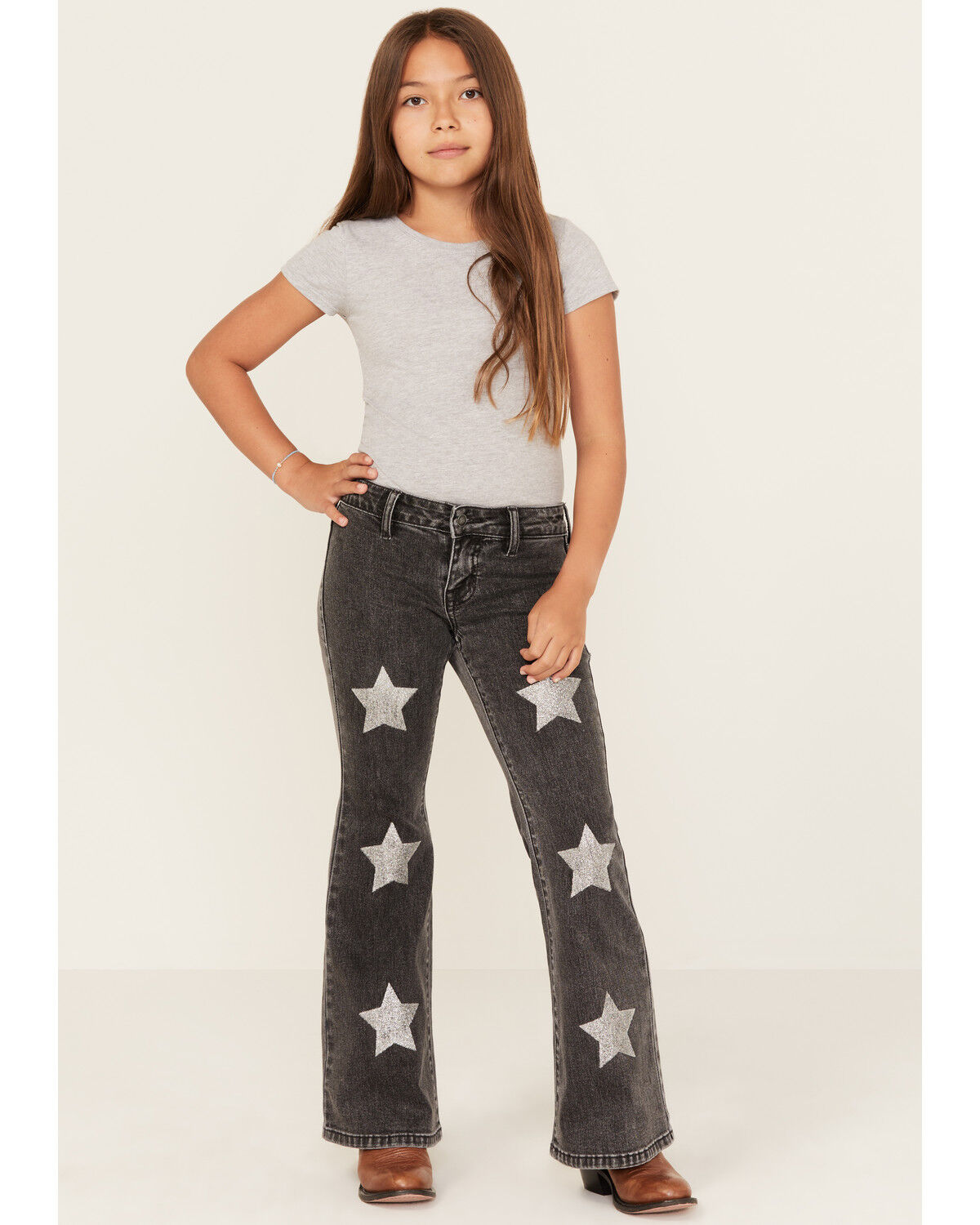 Image #1 - Rock & Roll Denim Girls' Glitter Star Print Flare Stretch Jeans, Black, hi-res