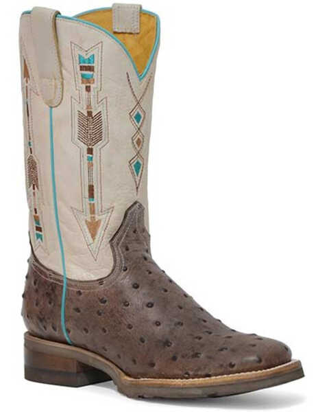 Roper Women's Arrow Feather Ostrich Print Western Boots - Broad Square Toe, Brown, hi-res