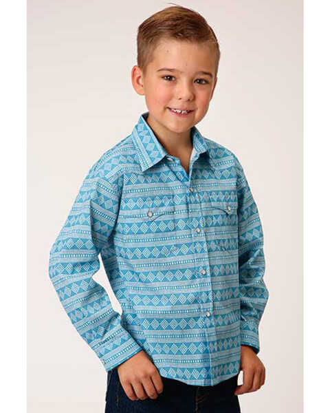 Roper Boys' Turquoise Southwestern Print Long Sleeve Snap Western Shirt, Turquoise, hi-res